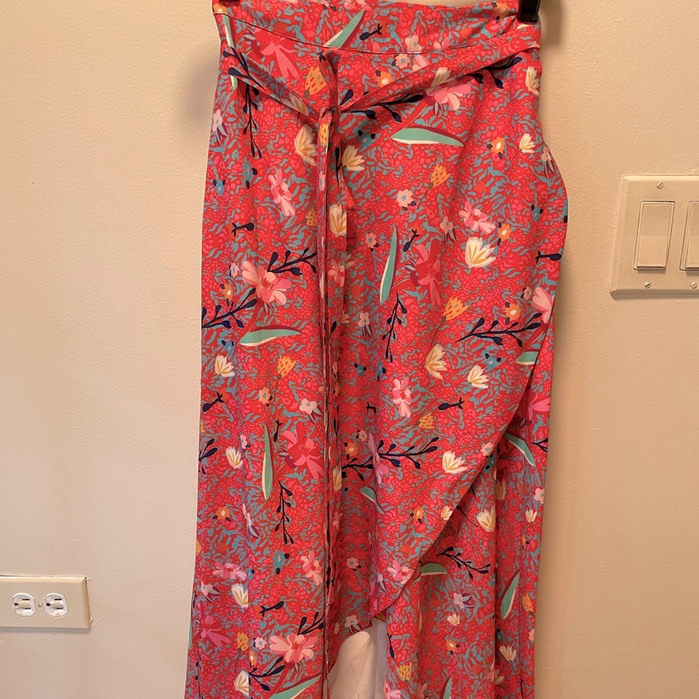 Red floral midi length wrap skirt